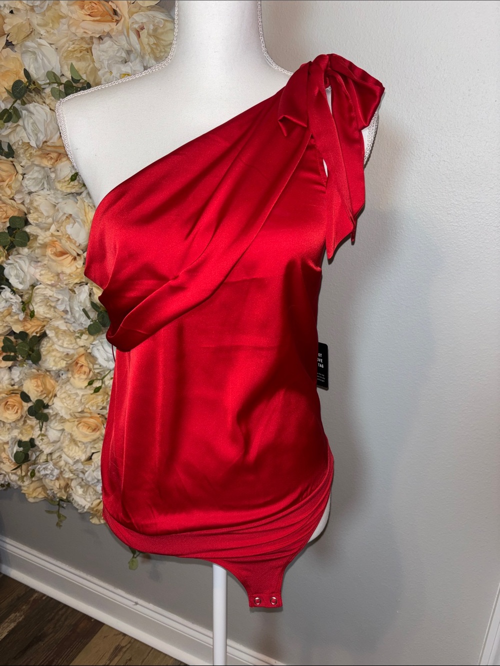 Armani Exchange Red One-Shoulder Satin Top with Bow Detail